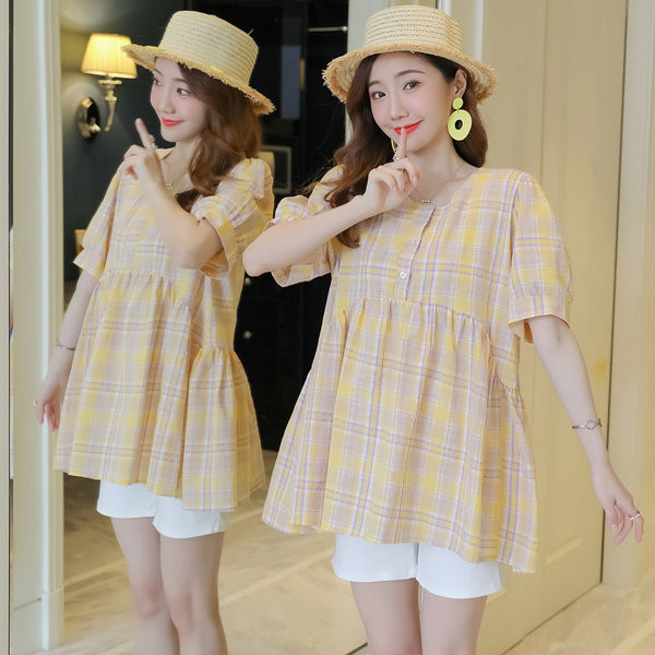 Καρό πουκάμισο εγκυμοσύνης σε φαρδύ σχέδιο μανίκι 3/4