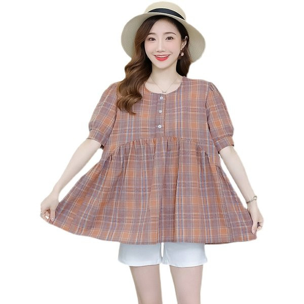 Καρό πουκάμισο εγκυμοσύνης σε φαρδύ σχέδιο μανίκι 3/4