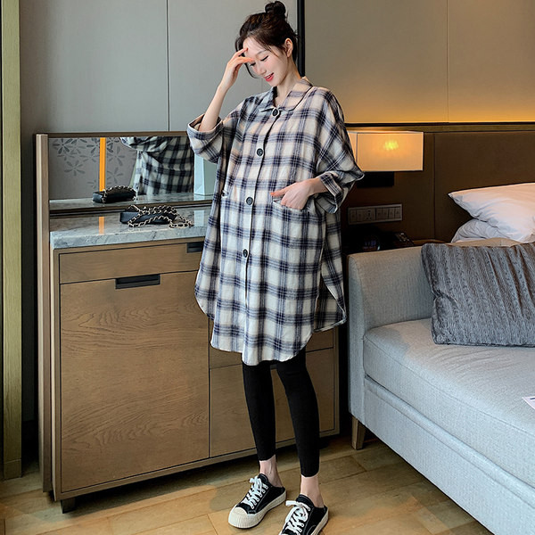 Дълга карирана риза за бременни