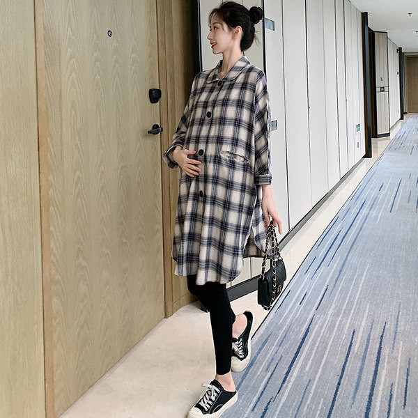 Дълга карирана риза за бременни