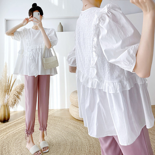 Πουκάμισο εγκυμοσύνης με φαρδύ σχέδιο με κέντημα και βολάν 