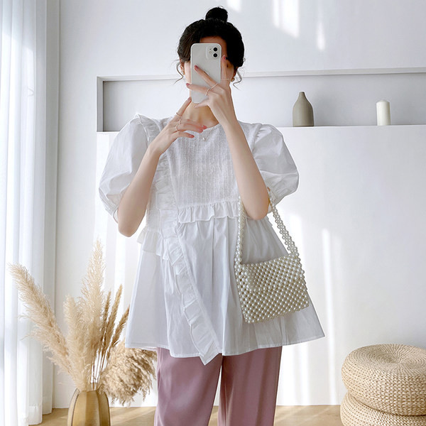 Πουκάμισο εγκυμοσύνης με φαρδύ σχέδιο με κέντημα και βολάν 