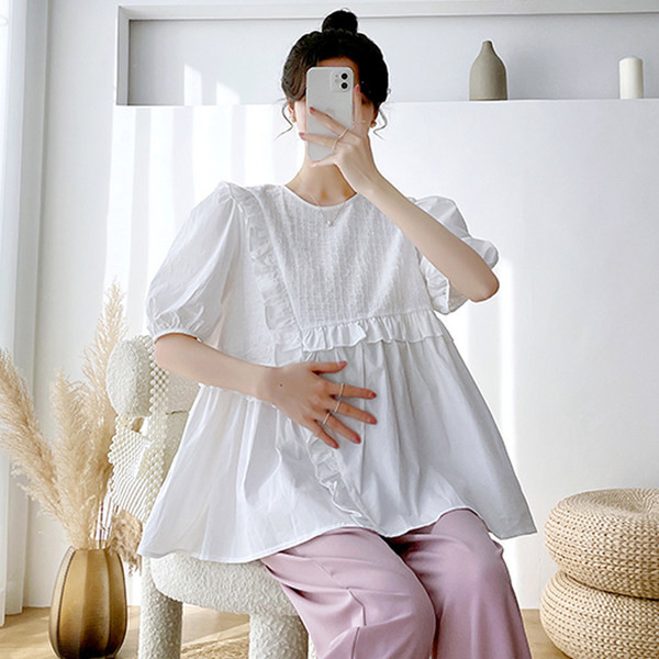 Πουκάμισο εγκυμοσύνης με φαρδύ σχέδιο με κέντημα και βολάν 