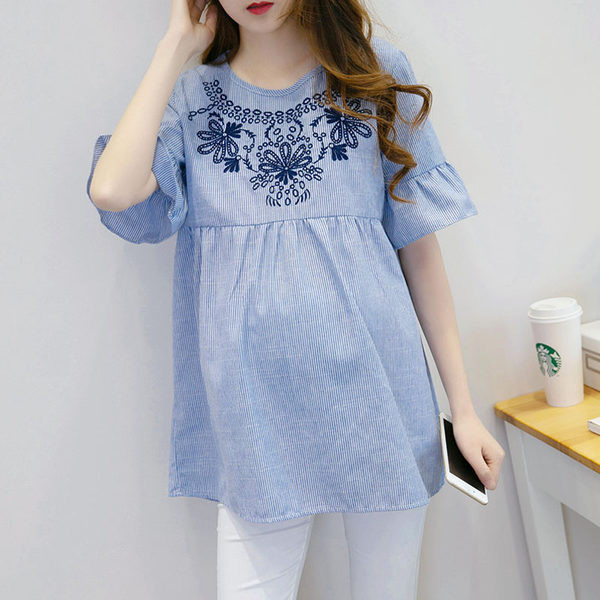 Madingi lotoso rankovių siuvinėjimo moteriški marškinėliai nėščiosioms