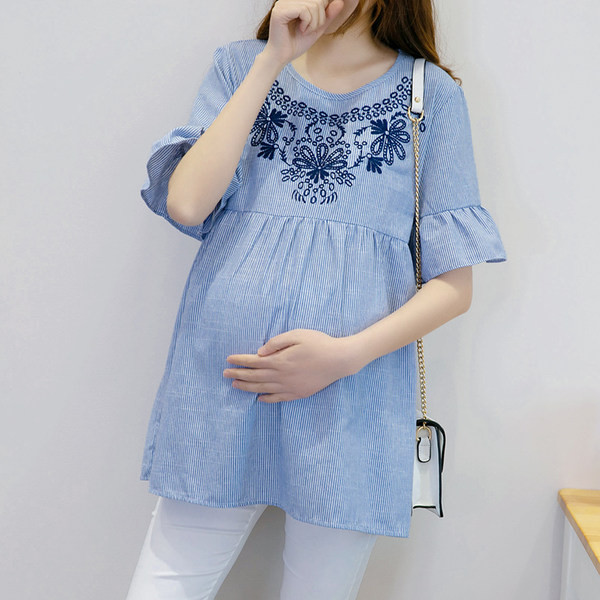 Madingi lotoso rankovių siuvinėjimo moteriški marškinėliai nėščiosioms