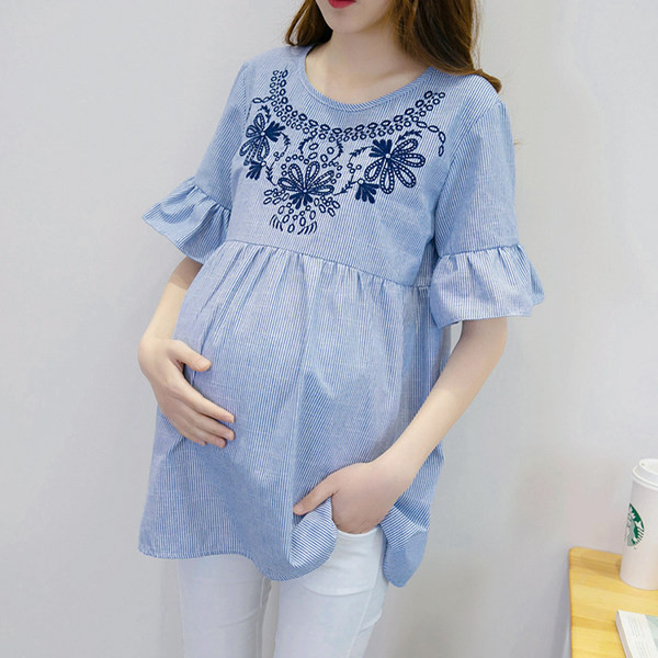 Madingi lotoso rankovių siuvinėjimo moteriški marškinėliai nėščiosioms