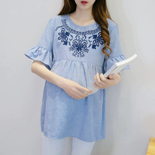 Madingi lotoso rankovių siuvinėjimo moteriški marškinėliai nėščiosioms