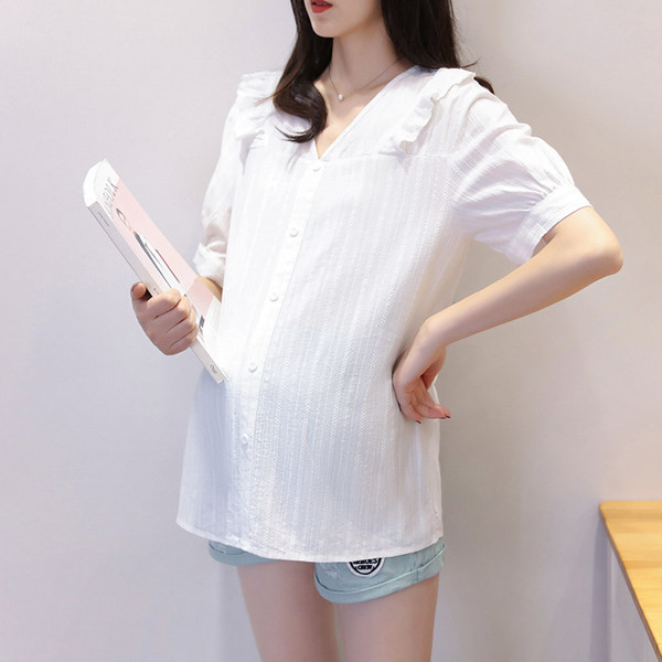 Ежедневна дамска риза с шпиц деколте и къс ръкав за бременни