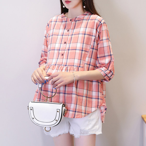 Карирана риза с копчета и 3/4 ръкав за бременни