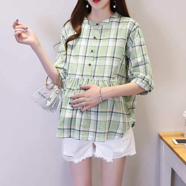 Карирана риза с копчета и 3/4 ръкав за бременни