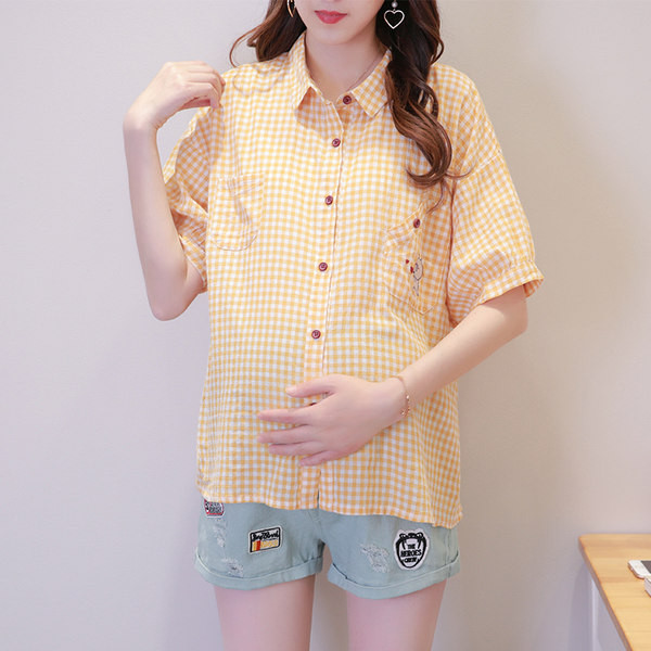 Нов модел лятна карирана риза с джоб за бременни