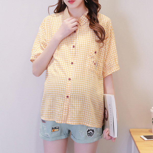 Нов модел лятна карирана риза с джоб за бременни