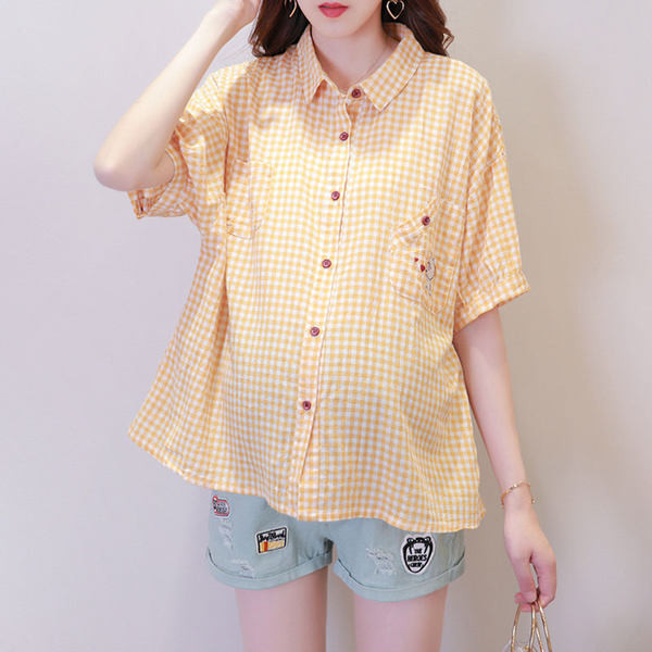 Нов модел лятна карирана риза с джоб за бременни