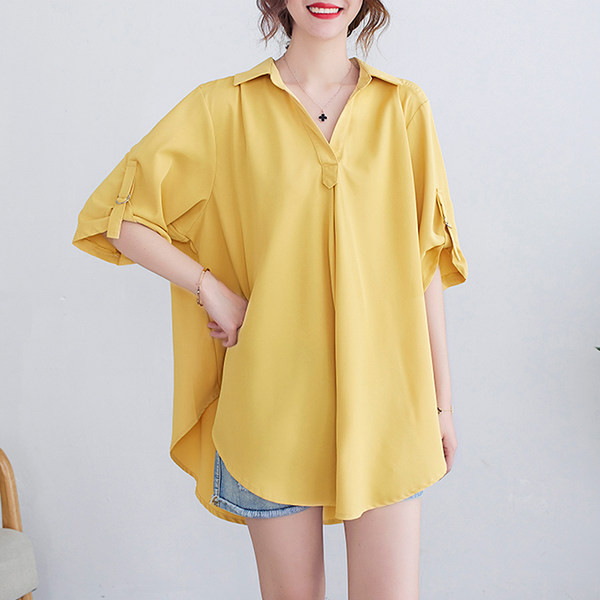 Широк модел риза от шифон с шпиц деколте за бременни