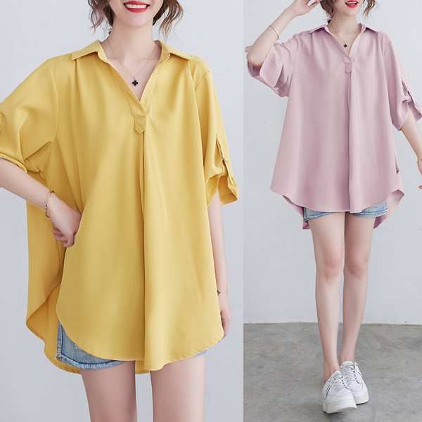 Широк модел риза от шифон с шпиц деколте за бременни