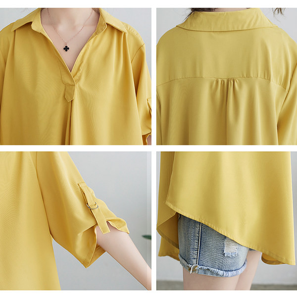 Широк модел риза от шифон с шпиц деколте за бременни