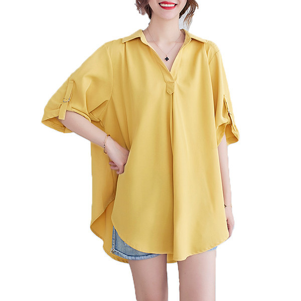 Широк модел риза от шифон с шпиц деколте за бременни