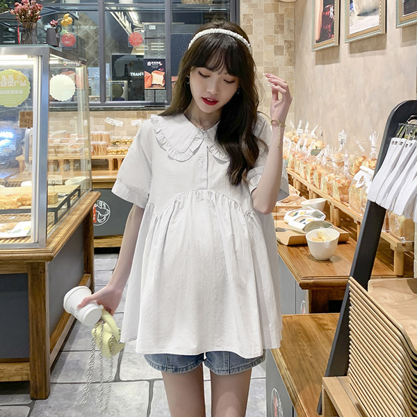 Нов модел риза за бременни с овално деколте и къс ръкав 