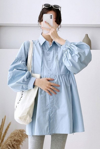 Широк модел риза за бременни с класическа яка и дълъг ръкав