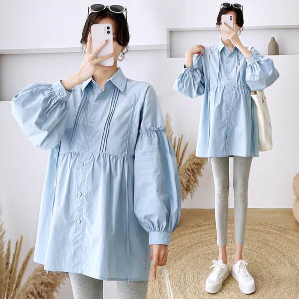 Широк модел риза за бременни с класическа яка и дълъг ръкав