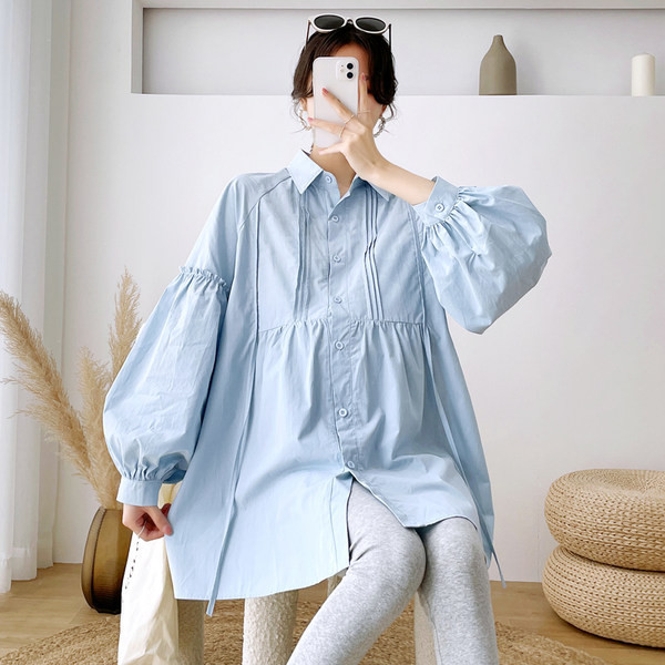 Широк модел риза за бременни с класическа яка и дълъг ръкав