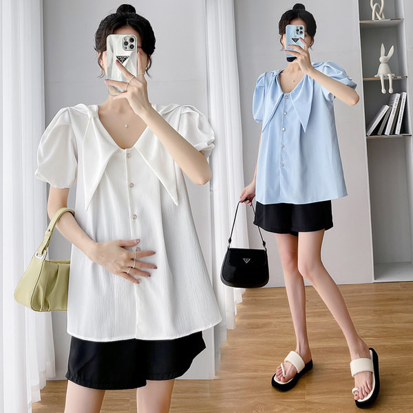 Μοντέρνο πουκάμισο εγκυμοσύνης με λαιμόκοψη V και κούμπωμα με κουμπί