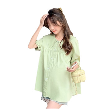 Широка дамска риза за бременни -бял и зелен цвят