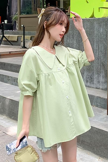 Широка дамска риза за бременни -бял и зелен цвят