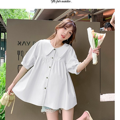 Φαρδύ γυναικείο πουκάμισο για εγκύους - λευκό και πράσινο χρώμα