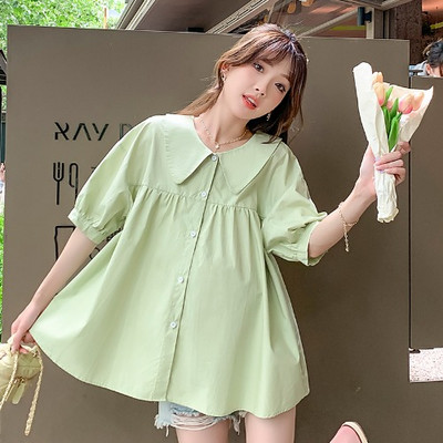 Φαρδύ γυναικείο πουκάμισο για εγκύους - λευκό και πράσινο χρώμα