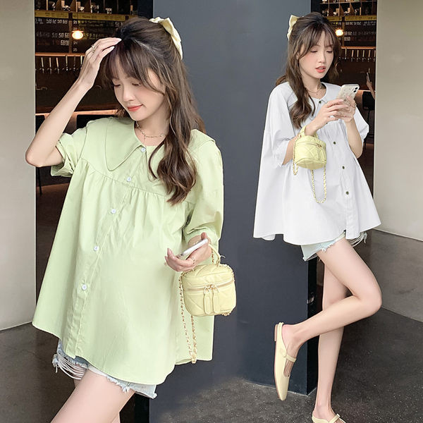 Φαρδύ γυναικείο πουκάμισο για εγκύους - λευκό και πράσινο χρώμα