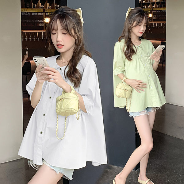 Φαρδύ γυναικείο πουκάμισο για εγκύους - λευκό και πράσινο χρώμα