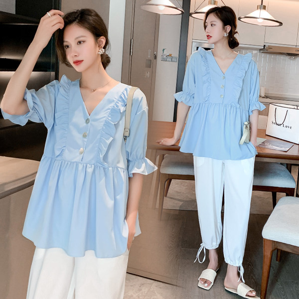 Ležerna ženska majica za trudnice s V-izrezom i volanima