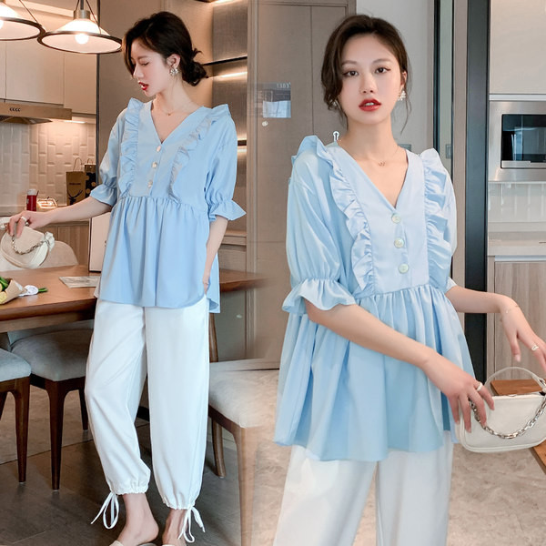 Ležerna ženska majica za trudnice s V-izrezom i volanima