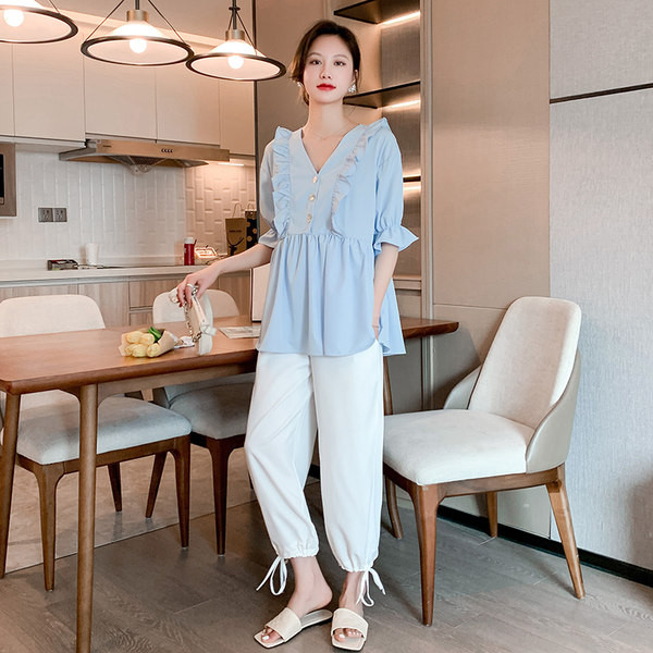 Ležerna ženska majica za trudnice s V-izrezom i volanima