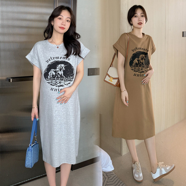 Duga labava trudnička haljina s printom