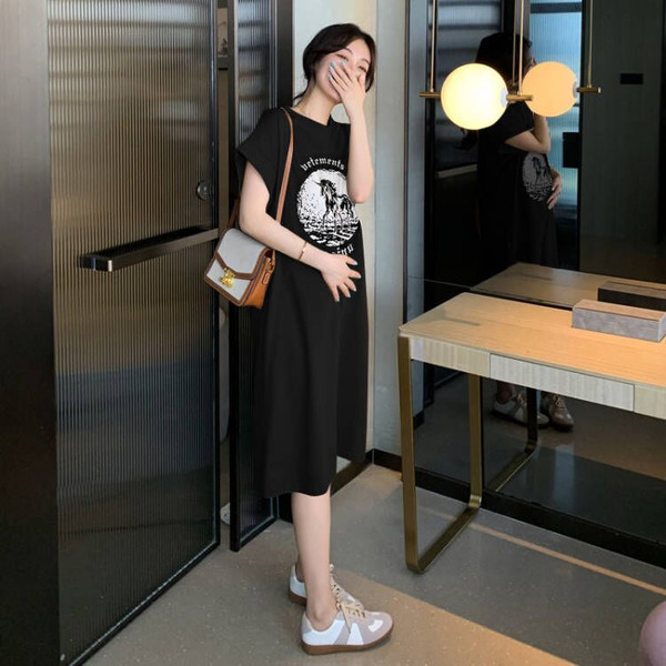 Duga labava trudnička haljina s printom