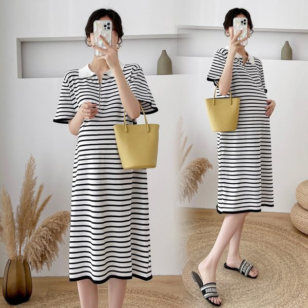 Ženska haljina s prugastim ovratnikom za trudnice