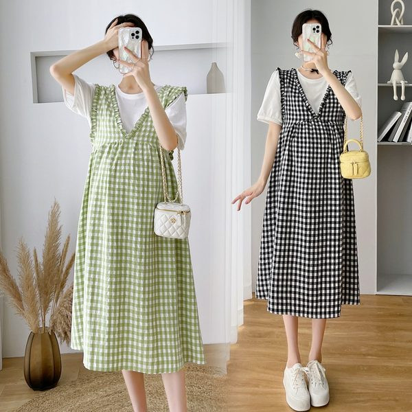 Karirana ženska trudnička haljina - dvije boje