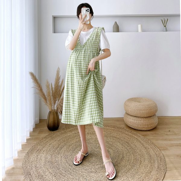 Karirana ženska trudnička haljina - dvije boje