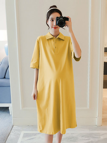 Dugačka pamučna trudnička haljina s klasičnim ovratnikom i gumbima