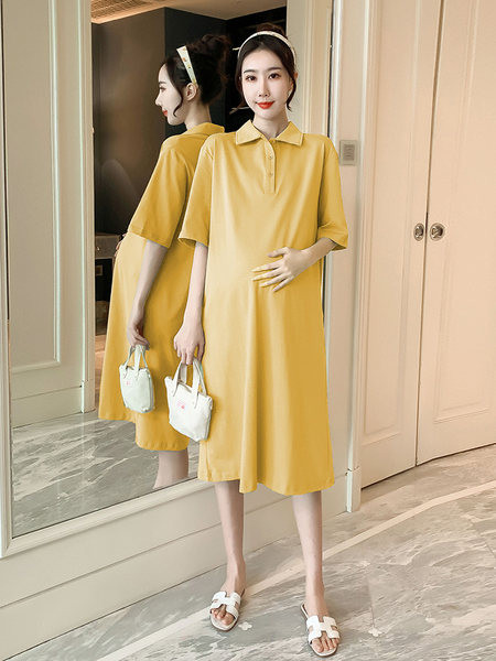 Dugačka pamučna trudnička haljina s klasičnim ovratnikom i gumbima