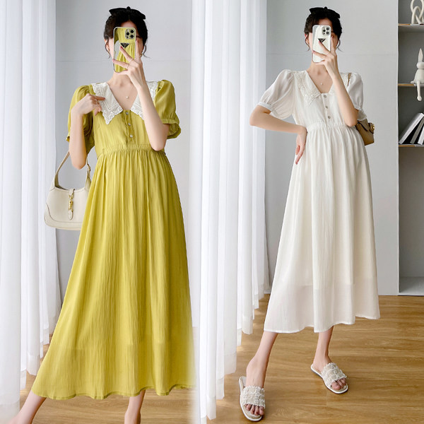 Duga ljetna haljina za trudnice s dubokim dekolteom i gumbima