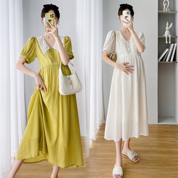 Duga ljetna haljina za trudnice s dubokim dekolteom i gumbima