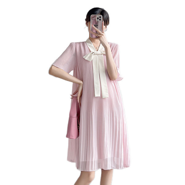 Nyári sifon kismama ruha rövid ujjú szalaggal