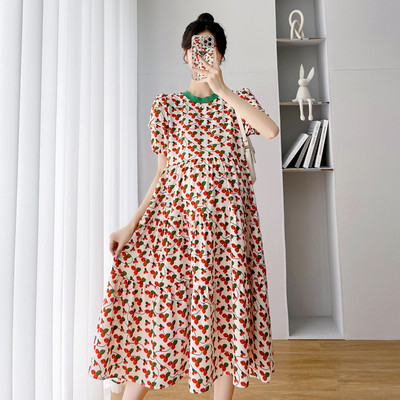 Πολύχρωμο  φόρεμα εγκυμοσύνης με στρογγυλή λαιμόκοψη