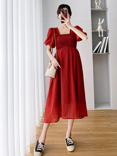 Ljetna haljina za trudnice s četvrtastim izrezom i kratkim rukavima