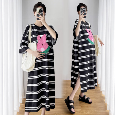 Ženska prugasta haljina s vezom za trudnice