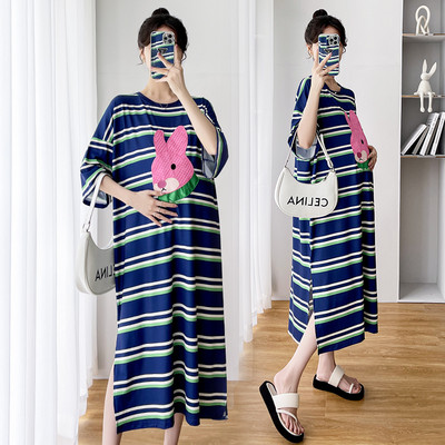 Ženska prugasta haljina s vezom za trudnice