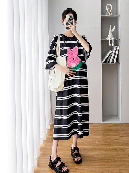 Ženska prugasta haljina s vezom za trudnice